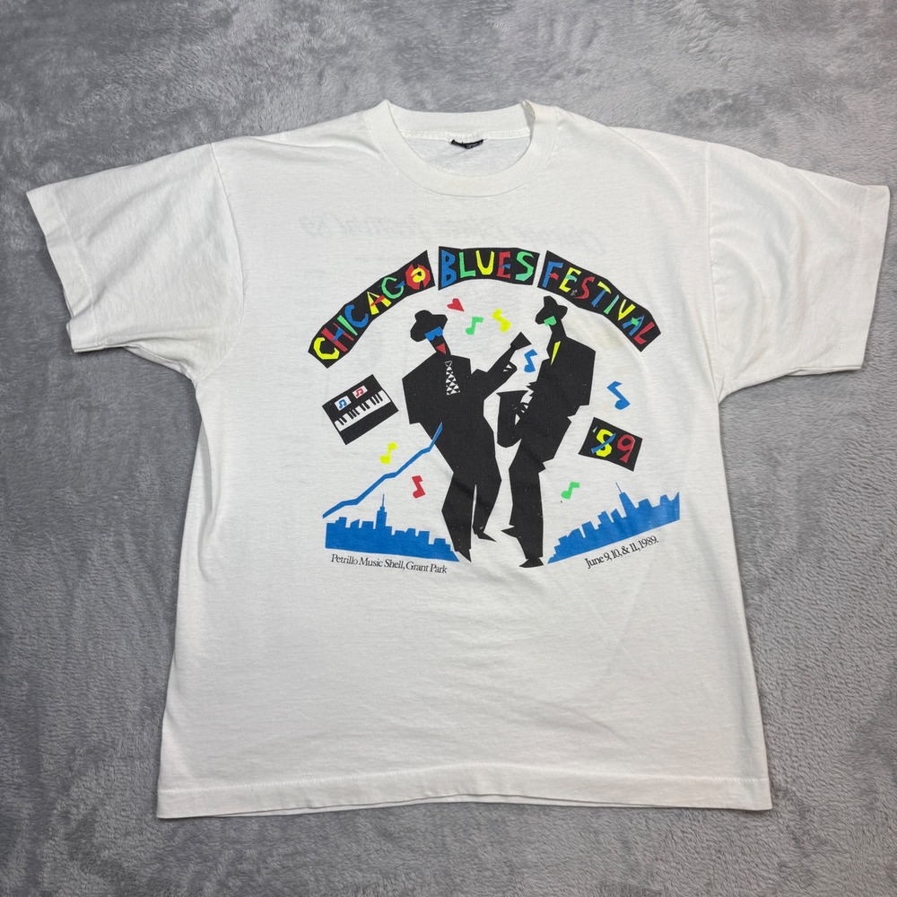 Vintage Chicago Blues Festival T Shirt Mens XL White Graphic Concert 80s